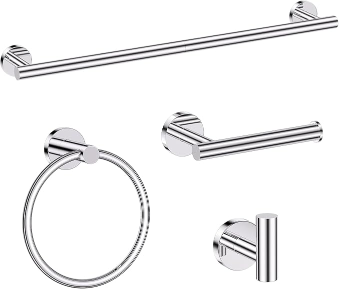 Chrome Bathroom Hardware Set, 4 Pieces Towel Bar Towel Holder Set Includes Towel Bar, Toilet Paper Holder,Towel Ring and Towel Hook Wall Mount Bathroom Accessories Towel Racks for Bathroom