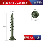 #8 x 1-1/4" Deck Screws (1596Pcs) 8lb. Exterior Wood Screws. Carbon Steel, Green, Flat Head, Rust Resistant epoxy Coated, with T25 Star Bit