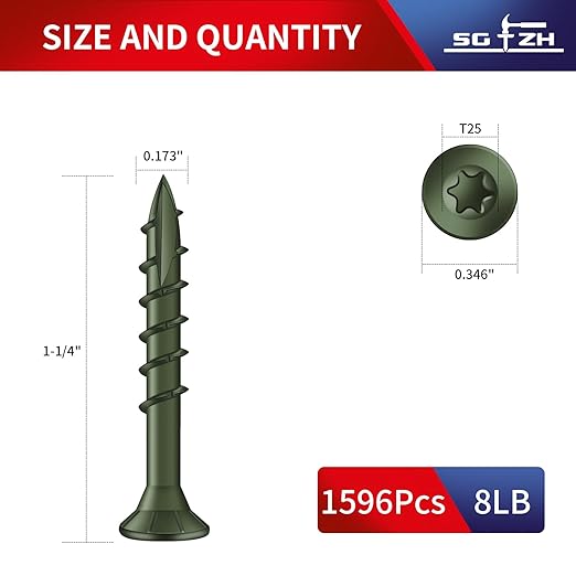 #8 x 1-1/4" Deck Screws (1596Pcs) 8lb. Exterior Wood Screws. Carbon Steel, Green, Flat Head, Rust Resistant epoxy Coated, with T25 Star Bit