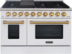 Akicon 48 Inch Freestanding Double Rapid Convection Gas Range - 6.7 cu. ft. Oven - 8 Sealed Burners & Griddle, Heavy Duty Cast Iron Grates (White & Gold)