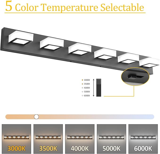 Ralbay 6 Lights Black Bathroom Lights Fixtures 40.4inch Dimmable 5 Color Temperature Black Acrylic Modern Matte Black Vanity Light for Bathroom