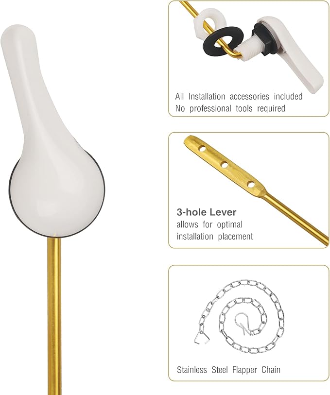 Toilet Handle Replacement Kit - Universal Toilet Lever with Stainless Steel Flapper Chain, White Flush Lever