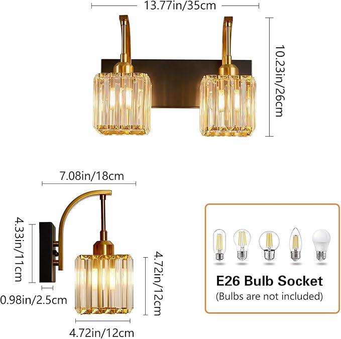 Crystal Vanity Lights 2-Light Black Gold Wall Lamp Modern Crystal Bathroom Light Fixtures Over Mirror 13.77" Long Bathroom Wall Sconce