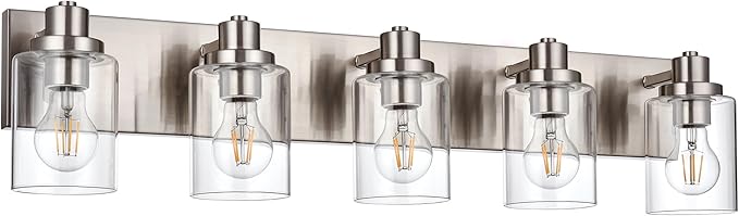5 Light Brushed Nickel Vanity Lights Bathroom Lighting Fixtures Over Mirror, Modern Bathroom Lights with Clear Glass Shade, Farmhouse Vanity Wall Sconces Lighting for Bedroom Living Room
