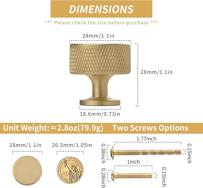 Urnew- 5 Pack Solid Brass Kitchen Cabinet Knobs 1.1 Inch Brushed Gold Dresser Drawer Knobs Knurled Door Pulls for Vanity Table Cupboard Closet Kitchen Hardware