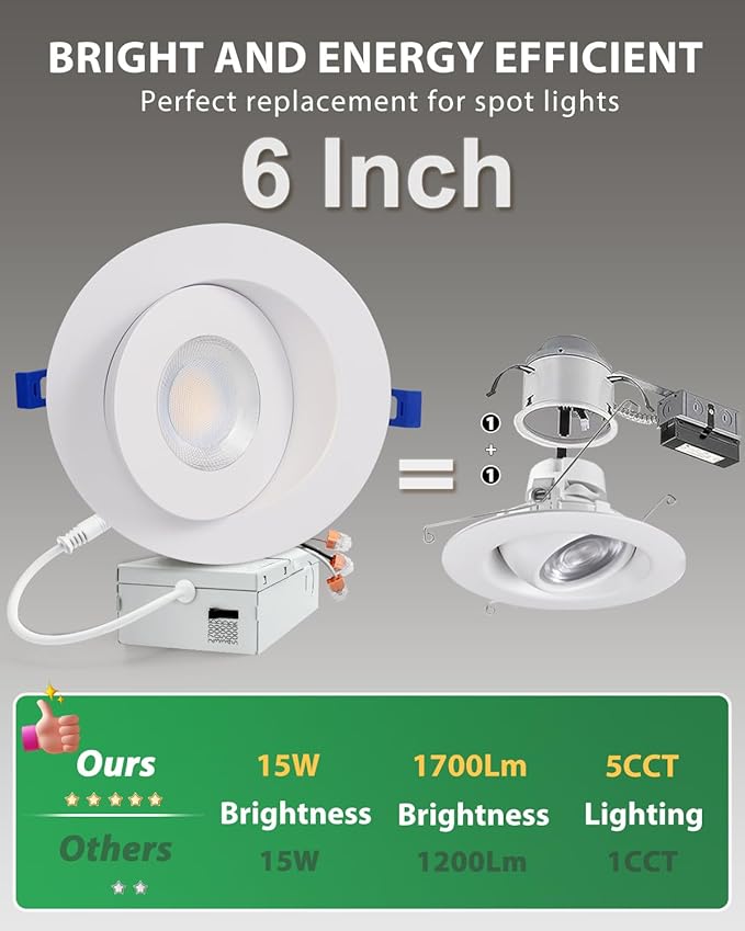 zouzai 6 inch 5CCT Gimbal Led Recessed Lights, 360°+90° Adjustable Directional Recessed Lighting, 2700K/3000K/3500K/4000K/5000K Dimmable Retrofit Eyeball Can Lights with Jbox, ETL(White, 12 Pack)