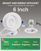 zouzai 6 inch 5CCT Gimbal Led Recessed Lights, 360°+90° Adjustable Directional Recessed Lighting, 2700K/3000K/3500K/4000K/5000K Dimmable Retrofit Eyeball Can Lights with Jbox, ETL(White, 1 Pack)
