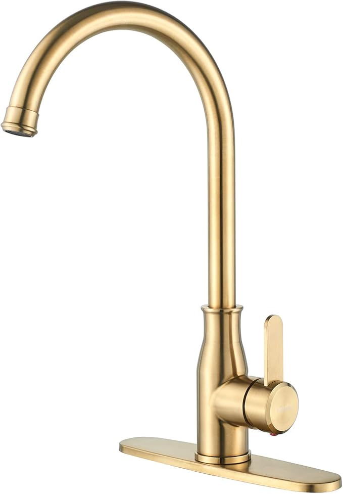 Brushed Gold Kitchen Faucet ，Modern High Arc Bar Sink Faucet ，Commercial Stainless Steel Kitchen Sink Faucet One Hole with Deck (Brushed Gold)