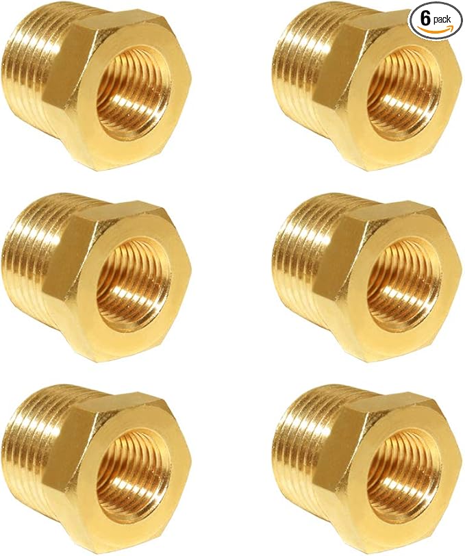 Hooshing 6PCS 1/2" NPT Male x 1/4" NPT Female Brass Reducer Hex Bushing Pipe Fitting Hose Tube Adapter