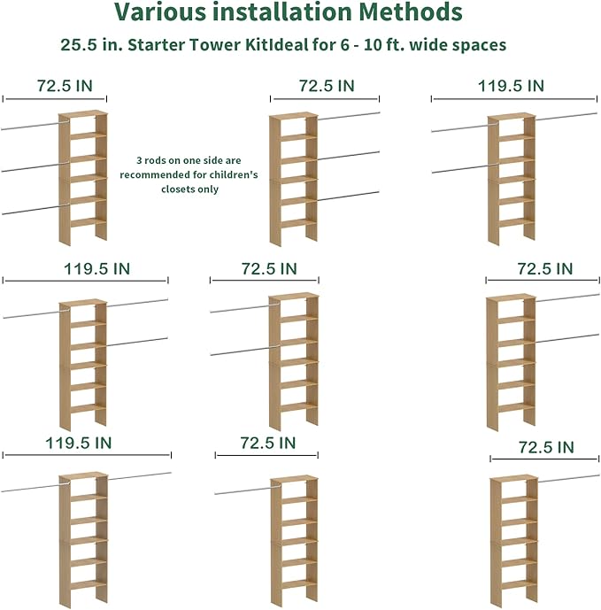Closet System, 22.5" Wide Organizer with 3 Hanging Rods, Wood Tower Storage for Walk In Closets, Wall Mounted Wardrobe Organizer Kit, Bedroom, Fit Space 6-10 ft