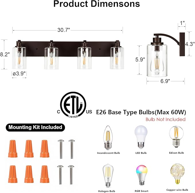 4-Light Bathroom Light Fixtures Modern ORB Vanity Lights for Bathroom Lighting Fixtures Over Mirror with Clear Glass Shade for Cabinet Mirror Bedroom Hallway