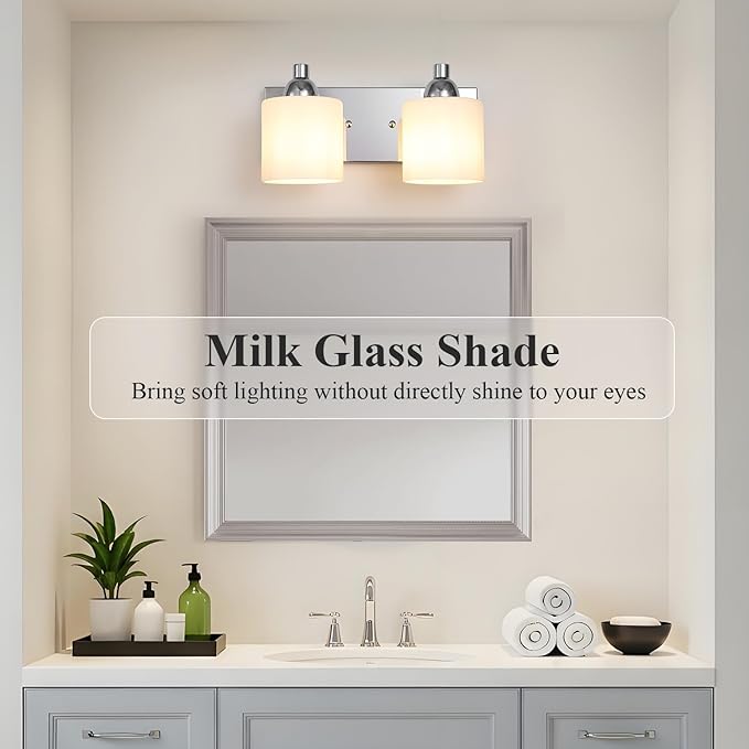 Stainless Steel Milk Glass Vanity Lights for Bathroom, 2 Light Polished Chrome Bathroom Light Fixtures Over Mirror, Ceramic E26 Sockets Wall Mounted