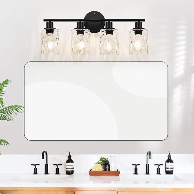 4-Light Bathroom Light Fixtures, Black Modern Vanity Lights with Clear Glass Shade, Bathroom Wall Lamp for Mirror Kitchen Living Room Hallway Cabinet Porch