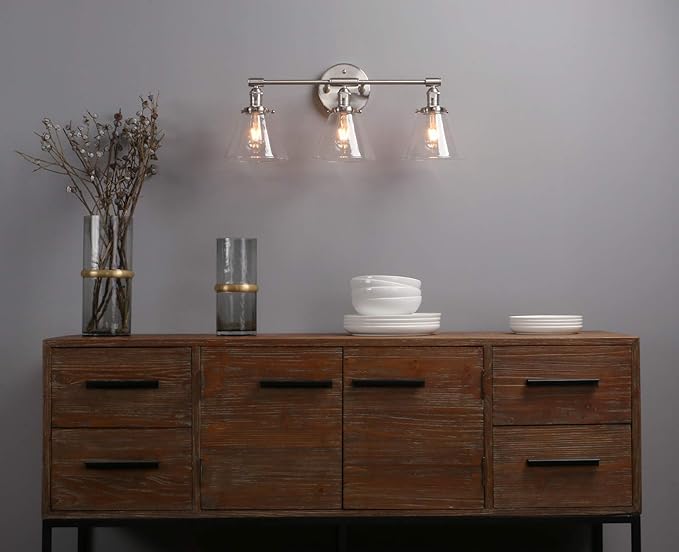 Phansthy 3-Light Wall Sconces Antique Brass Vanity Light, Industrial Wall Lamps with On Off Switch and Clear Glass Lampshade, Vintage Wall Lighting for Bathroom Living Room (Brushed, Cone Shade)