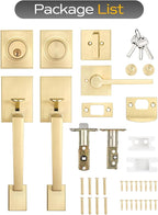 EHOMEWARE Double Front Door Handle Set, 1 Pack Satin Brass Square Door Lever, Exterior Door Knob & Deadbolt Combo, Door Lock Set for Front/Back/Office Doors, Heavy Duty Door Handle