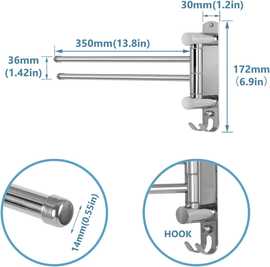 Bathroom Towel Holder JSVER 2 Arms SUS304 Stainless Steel Wall Mounted Towel Bar, Swivel Towel Racks for Bathroom, Kitchen