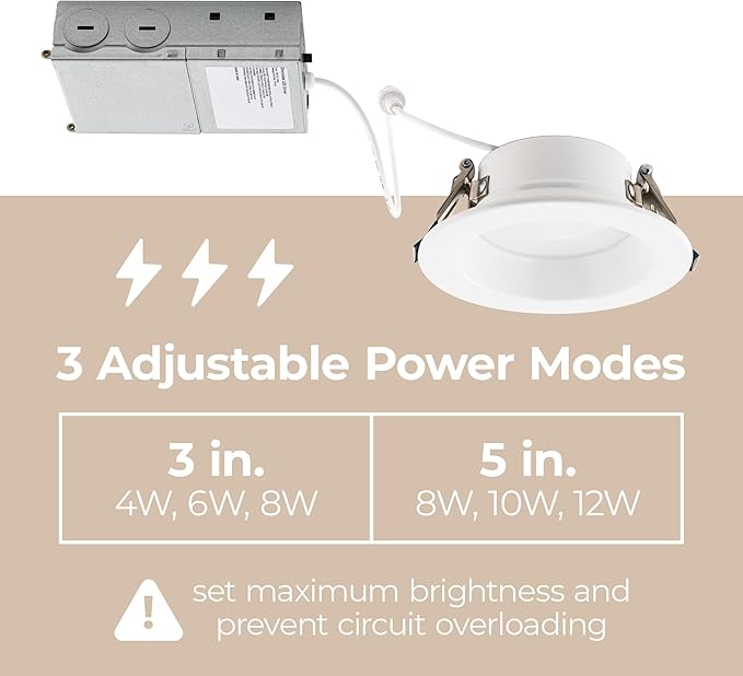 Builder Essential 5in 1,050 Lumens Round LED Recessed Light and Housing for Remodel or New Construction Regressed Trim 3-Power Modes 8W-10W-12W, 5-CCT 2700-3000-3500-4000-5000K in White (Pack of 12)