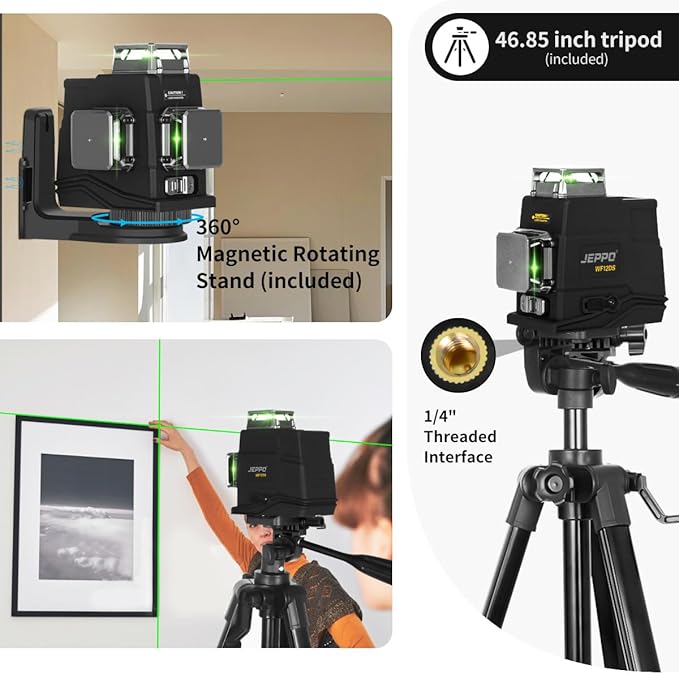 JEPPO Laser Level with Tripod,3D Green Laser Level 3x360 Self Leveling,12 Line Lazer Leveler Tool for Construction,Picture Hanging,APP Remote Control,Rechargeable Battery,Magnetic Rotating Stand