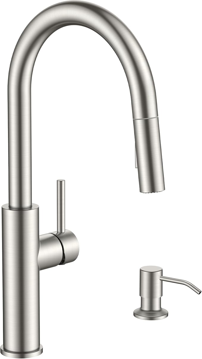 FORIOUS Kitchen Faucet with Soap Dispenser, Modern Brushed Nickel, Single Handle High Arc Stainless Steel Kitchen Sink Faucet with Pull Down Sprayer, 1 or 3 Hole Deck Mount for RV, Laundry, Outdoor