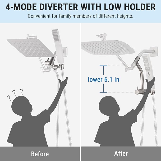 G-Promise All Metal 10 Inch Shower Head with Massage Mode Handheld, Rain Shower Head with Handheld Spray Combo, 3-Way Diverter with Pause Setting, 11 Inch Adjustable Extension Arm (Brushed Nickel)