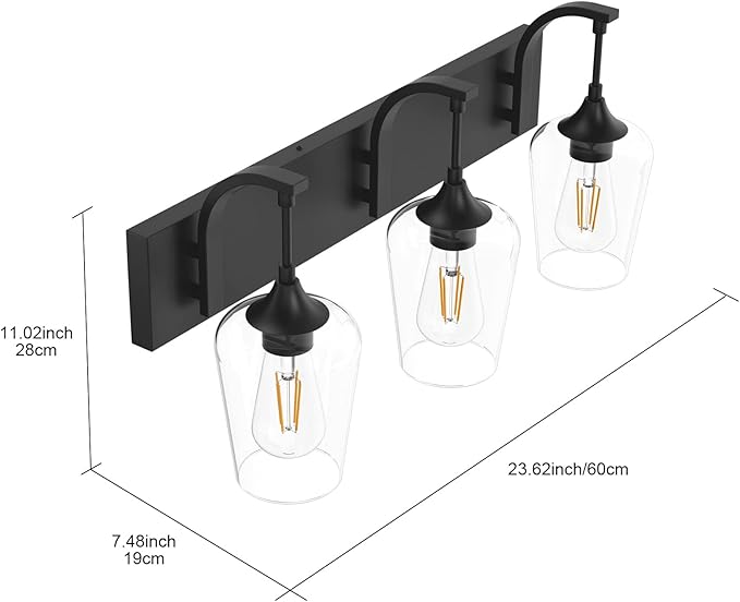 Ralbay Matte Black Vanity Light Fixtures 3-Lights Industrial Black Bathroom Vanity Light with Clear Glass Vintage Edison Bathroom Wall Lighting Fixtures