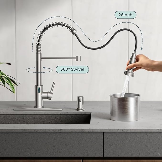 Touch-Less Kitchen Faucet, 3 Modes Pull Down Sprayer, LED Temperature Control,Ceramic Valve, 360-Degree Rotation, 1 or 3 Hole Deck Plate. 10-Year Warranty. (KW-79SN, Brushed Nickel)