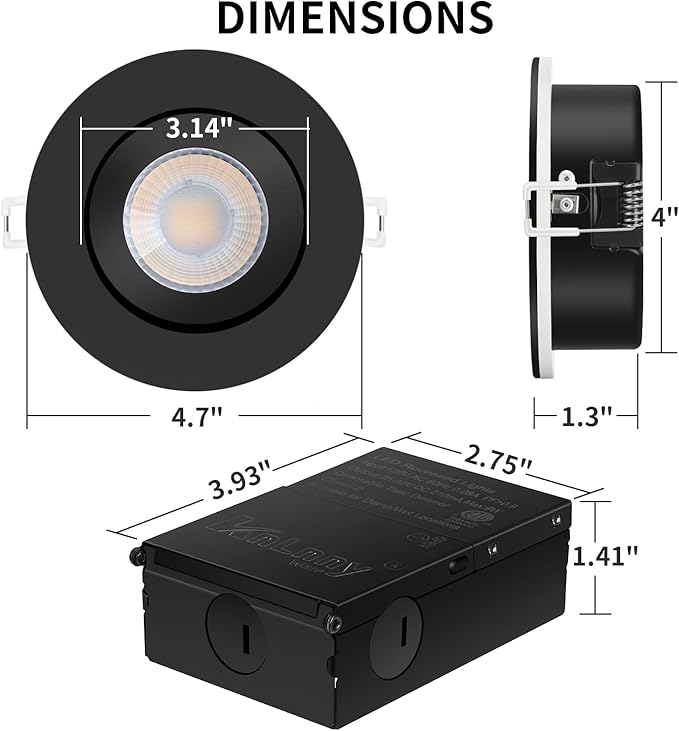 Black recessed Lights with Night Light 4 Inch 6 Pack, Gimbal canless recessed Lights with Junction Box,9W 750LM,Dimmable,5CCT Selectable,Air Tight