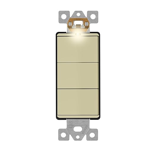 LIDER Minimalist Design Matte Finish Lighted Triple Switch, Combination Frameless Decorator Switch with Locator Light, Ground Terminal, Single Pole, 15A 120-277V, UL Listed, LCS3-1P-I, Ivory