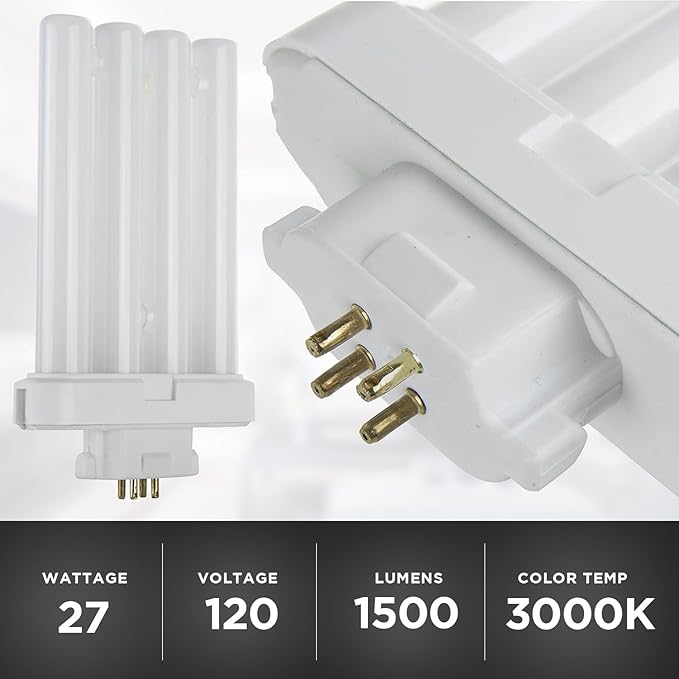 Diodesy- FML27/30K/2PK Fluorescent 27W 3000K Warm White Quad Tube FML CFL Plugin Light Bulbs, 4-Pin GX10Q-4 Base, 3000K-Warm White 2 Pack