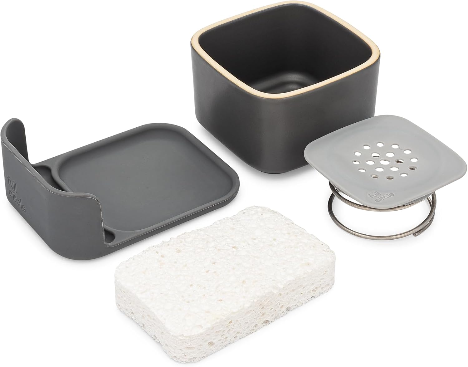 Full Circle Bubble Up Combo—Family Safe, Formaldehyde-Free-Gray Ceramic Soap Dish with Plant-Based Sponge & Bamboo Dish Brush-Versatile Kitchen Scrub Brush Set for Pots, Pans,Counter & Sink,Gray