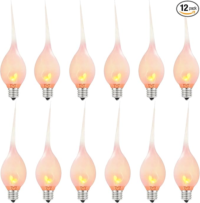 Christmas Flicker Flame Candle Light Bulbs, Country Style Silicone Dipped Flickering Replacement Bulbs for Electric Window Candles, Chandelier, E12 Candelabra Base, 1Watt, 120 Volt, 12 Pack