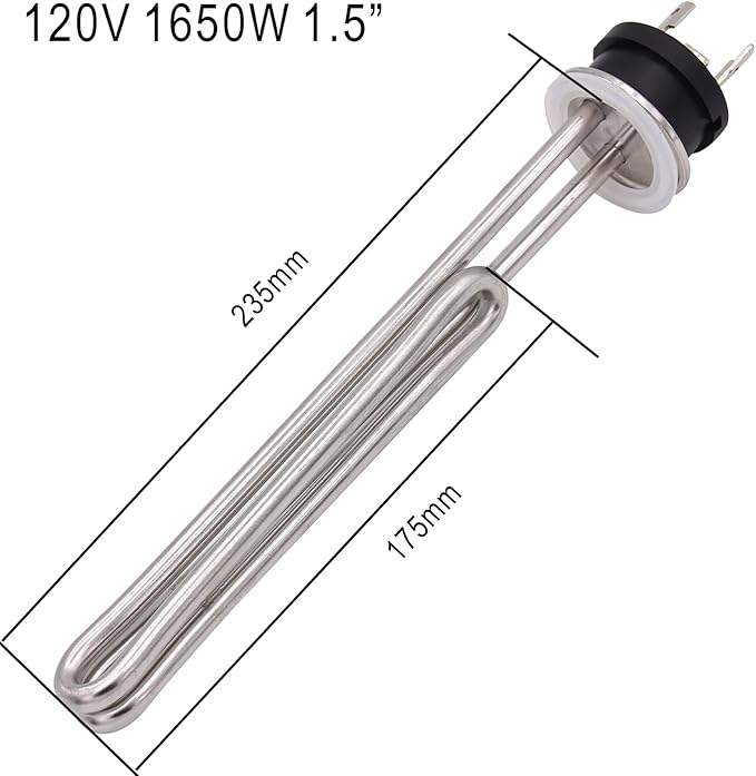 DERNORD 120V 1650W Tri-clamp Foldback Heating Element Stainless Steel Immersion Water Heater with 3-Wire Electrical Locking Plug (1.5 Inch Tri clamp)