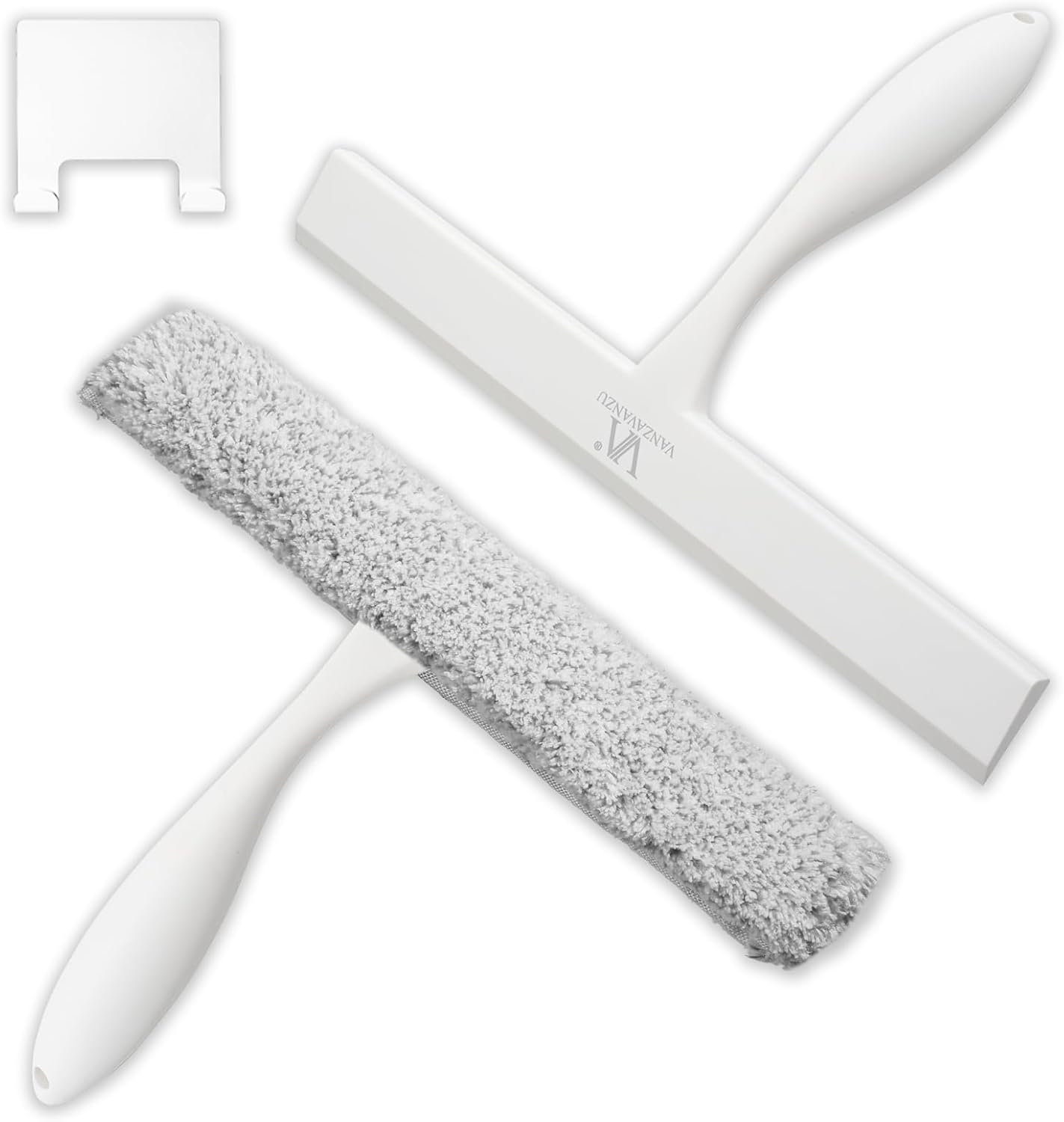 Shower Squeegee for Glass Doors & Microfiber Scrubber Kit 11Inch Window Washing Tools with Non-Slip Handle and Adhesive Hook