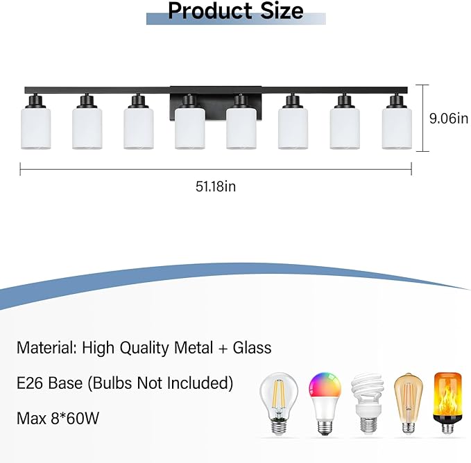 8 Light Bathroom Vanity Light,Modern Matte Black Bathroom Light Fixtures Over Mirror with Square Frosted Glass,Wall Sconces for Restroom,Living Room Hallway E26