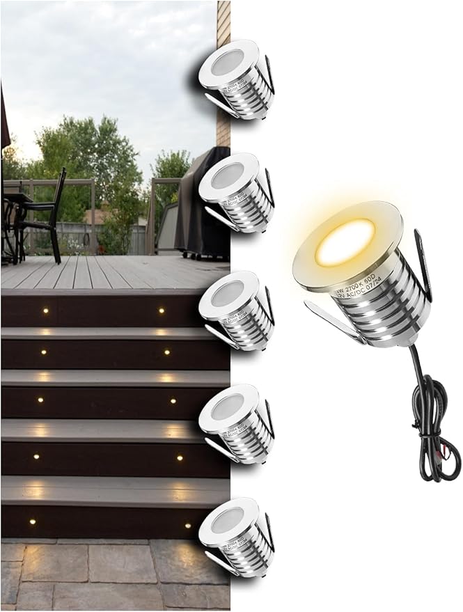 Low Voltage Deck Light 6 Pack, 3W 2700K 250LM 12V Landscape Lighting, Recessed LED Outdoor Step Stair Lights, Full 304 Stainless Steel Deck Lighting Wired for Outside Floor Yard (SG06, 6-Pack 2700K)