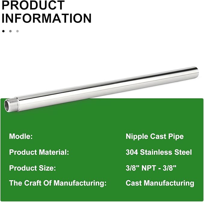 TAISHER 1PCS Stainless Steel Pipe Fittings, 3/8" NPT Male x 3/8" NPT Female Threaded, 16" Length Nipple Cast Pipe