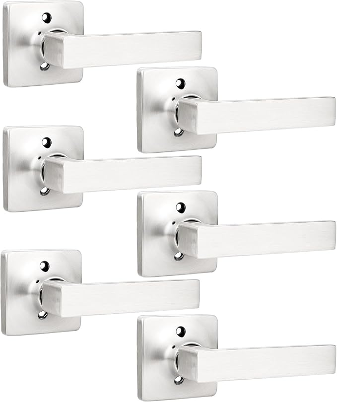 GOBEKOR 6 Pack Half Dummy Lever Door Handles Brushed Nickel Straight Door Lever Non-Turning Lock Square Interior Closet French Door Handles