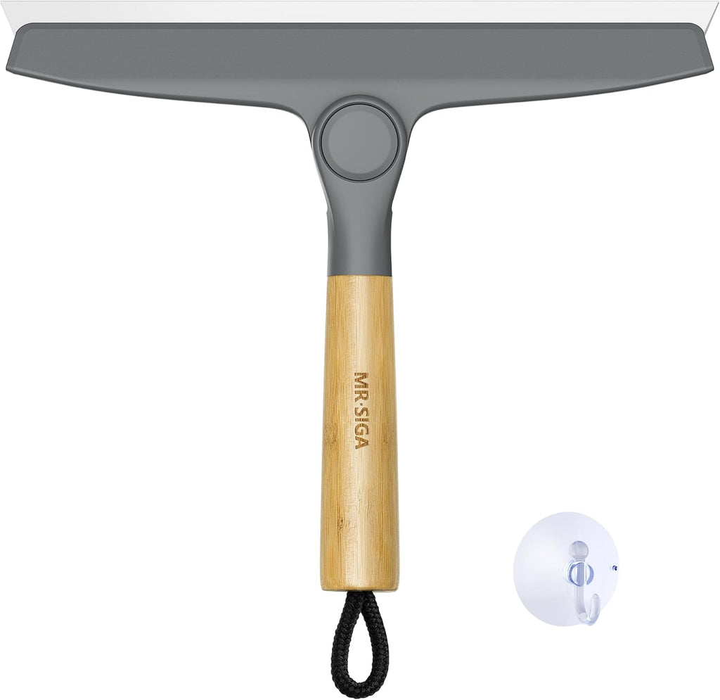MR.SIGA All Purpose Silicone Squeegee for Shower Door, Mirror, Glass, Streak Free Shower Squeegee, Pivoting Bamboo Handle, Includes 1 Suction Hook, 10 inch Wide, Gray, 1 Pack
