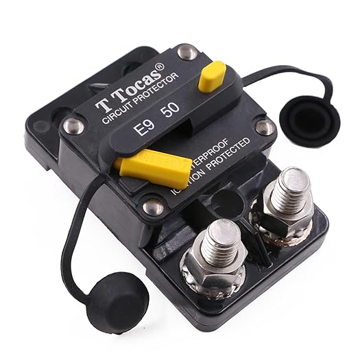 E9 Series 50 Amp Circuit Breaker with Manual Reset, Surface Mount, 12V - 72V DC, 50A Double 3/8" Stud Waterproof IP67