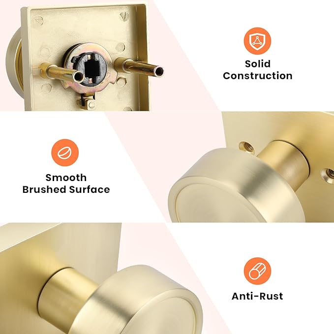 Haidms Gold Passage Door Knobs Interior, Zinc Alloy Brushed Gold Closet Door Knobs, Heavy Duty Round Brushed Brass Doorknobs for Hall Closet,Hallway(2 Pack)