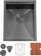 SHACO 15x19 Inch Black Undermount Bar Sink, Ledge Workstation Small Kitchen Sink, Black Stainless Steel RV Kitchen Single Bowl Wet Bar Prep Sink with Dish Grid & Drain & Cutting Board