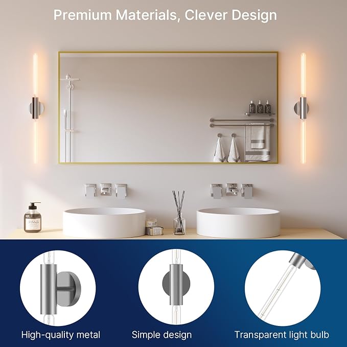 FLSNT Polished Nickel 2-Light Wall Sconce with Clear T30 Edison LED Bulbs, Dimmable E26 Standing Lamp, 2700K Soft White, 90CRI, 350LM, Industrial Wall Light for Living Room, Bedroom, Office