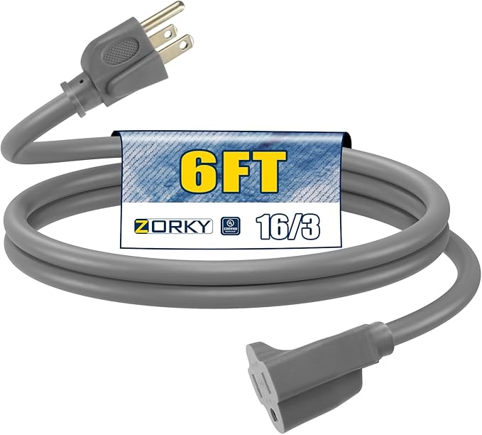 6ft Outdoor Extension Cord for Christmas Decorations - 16/3 Heavy Duty SJTW Waterproof Gray Electrical Cable with 3 Prong Grounded Plug for Safety, Great for Lawn and Major Appliances