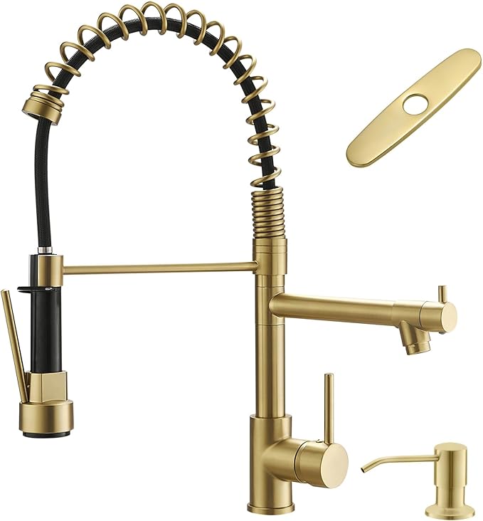 AIMADI Gold Kitchen Faucet with Soap Dispenser,Commercial Single Handle Pull Down Kitchen Faucets with Sprayer,Brushed Gold