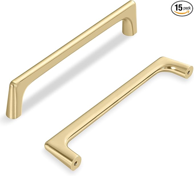 15 Pack 5 Inch(128mm) Hole Center Modern Brushed Gold Cabinet Pull Handle Timeless Vanity Drawer Pull Handle Classic Cabinet Hardware for Kitchen Dresser Bathroom, Screws Included, B-Gold(5x15)