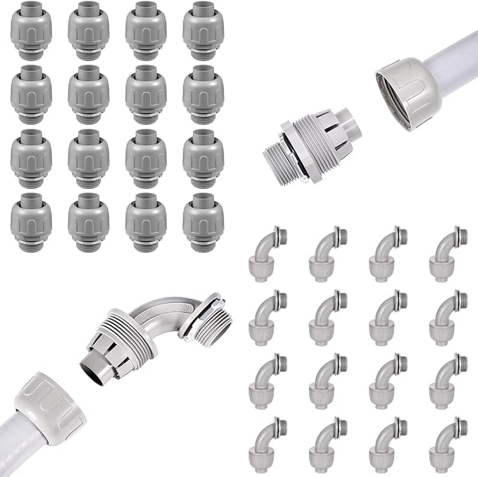 32 Pack 3/4 Inch Liquid Tight Connector NPT Non-Metallic PVC Electrical Flexible Conduit Fittings, UL Listed 16 Pack 90D and 16 Pack 180D