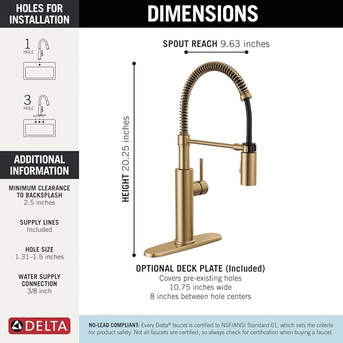 Delta Antoni Pro Style Commercial Kitchen Faucet with Pull Down Sprayer, Single Hole Brushed Gold Kitchen Sink Faucet, Single Handle, Champagne Bronze 18803-CZ-DST