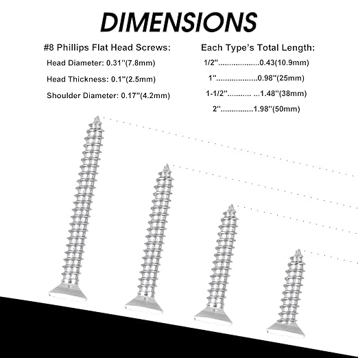 100 PCS #8X1 Stainless Steel Phillips Flat Head Wood Screws,Stainless Steel 18-8 A2(304) Screw,Home Screw Kit by QISHENG