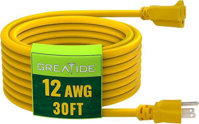 30 Ft Outdoor Extension Cord - 12/3 SJTW Heavy Duty Yellow Extension Cable with 3 Prong Grounded Plug - Power Cord for Lawn, Garden, Appliances
