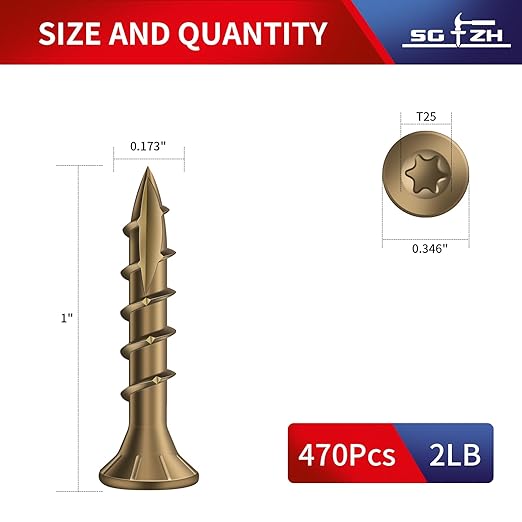 #8 x 1 Inch Deck Screws (470Pcs) 2lb. Carbon Steel, Yellow, Flat Head, Rust Resistant epoxy Coated, with T25 Star Bit
